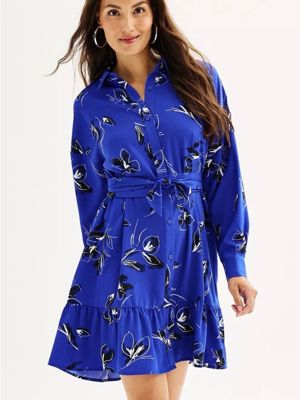 Nine West Shirt Dress Ruffle Hem Floral Button-Front Tie Waist Blue Medium
